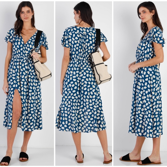 LAST ONE❗️SUGAR+LIPS Boho Chic Feminine Dark Teal Floral Midi Dress - Picture 2 of 4